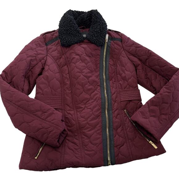 Guess Jacket Womens Small Burgundy Quilted Sherpa Collar Moto Asym Gold Zips - Picture 1 of 9